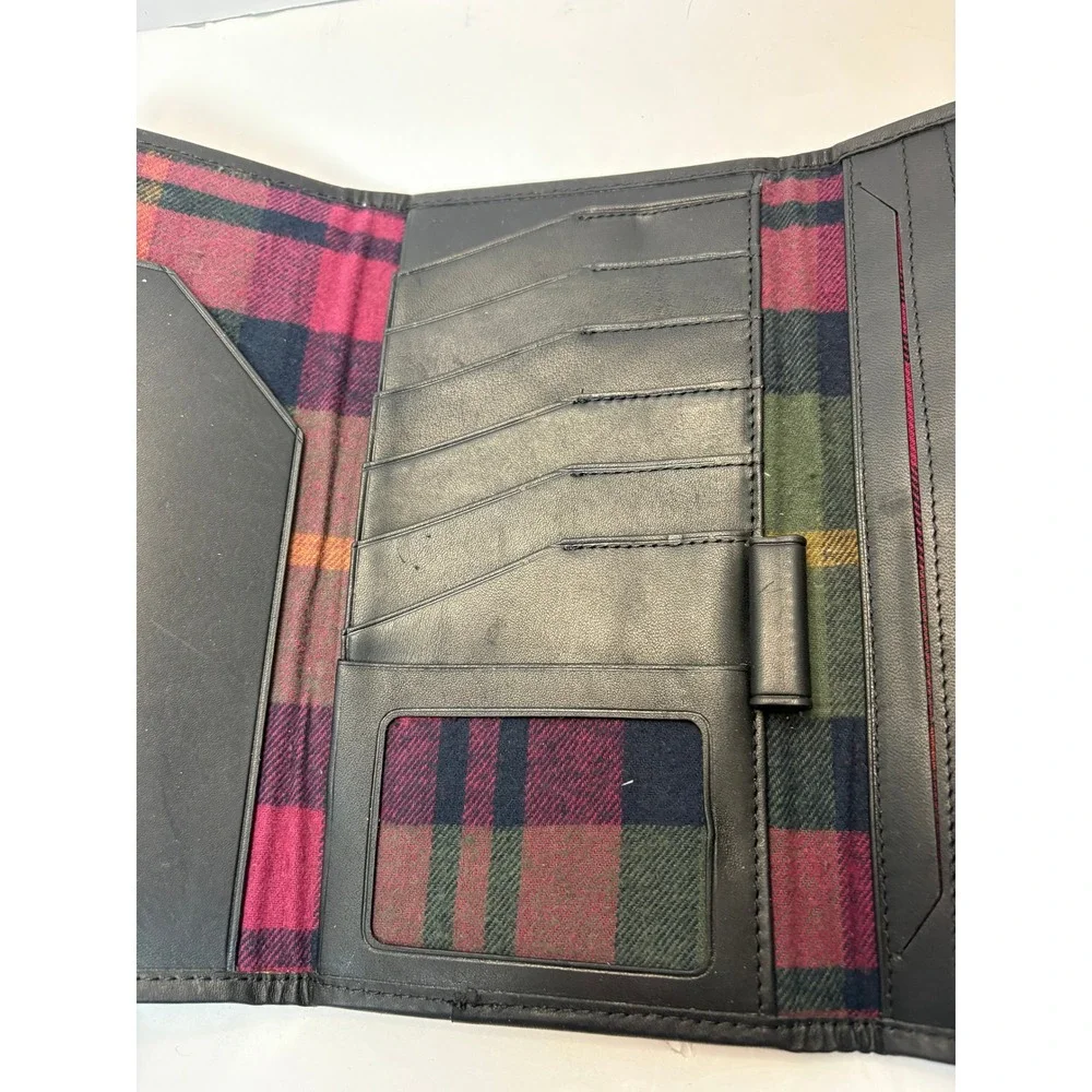 Vintage LL Bean Black Leather Trifold Checkbook Wallet Plaid Lining Mens Womens‎